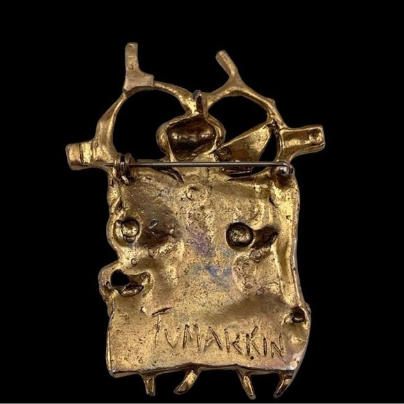 Vintage Modernist Israel Designer Igael Tumarkin Brutalist Gold Wash Tone Brooch - Picture 5 of 10